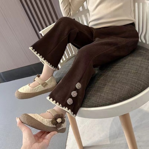Women's Baby Outer Wearing Lace Edge Stylish Bell Bottom Pants, Versatile Long Pants for Girls, Autumn and Winter Thicken Long Pants