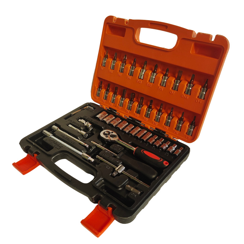 现货46件小飞汽修组套工具S2批头铬钒钢套筒1/4棘轮扳手套装工具