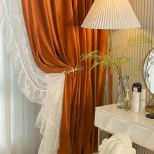 法式纯色绒布客厅卧室ins风蕾丝遮光飘窗窗帘落地窗丝绒轻奢布帘