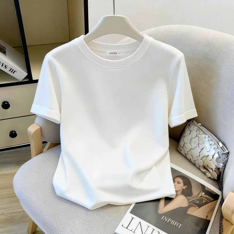 2026 early spring new minimalist style straight-shoulder summer short-sleeve T-shirt for women, white, loose, slimming, versatile top for trendy women