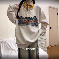 国潮牌oversize假两件拼接V领卫衣女秋季宽松设计感小众薄款外套