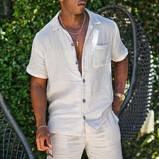 2022 European and American foreign trade Men's cotton and linen short sleeve loose undershirt solid color short sleeve cotton and linen lapel shirt spot