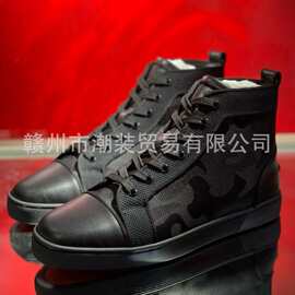 cl andgz黑色迷彩拼皮高帮红底鞋男鞋情侣运动平底板鞋女鞋真皮鞋
