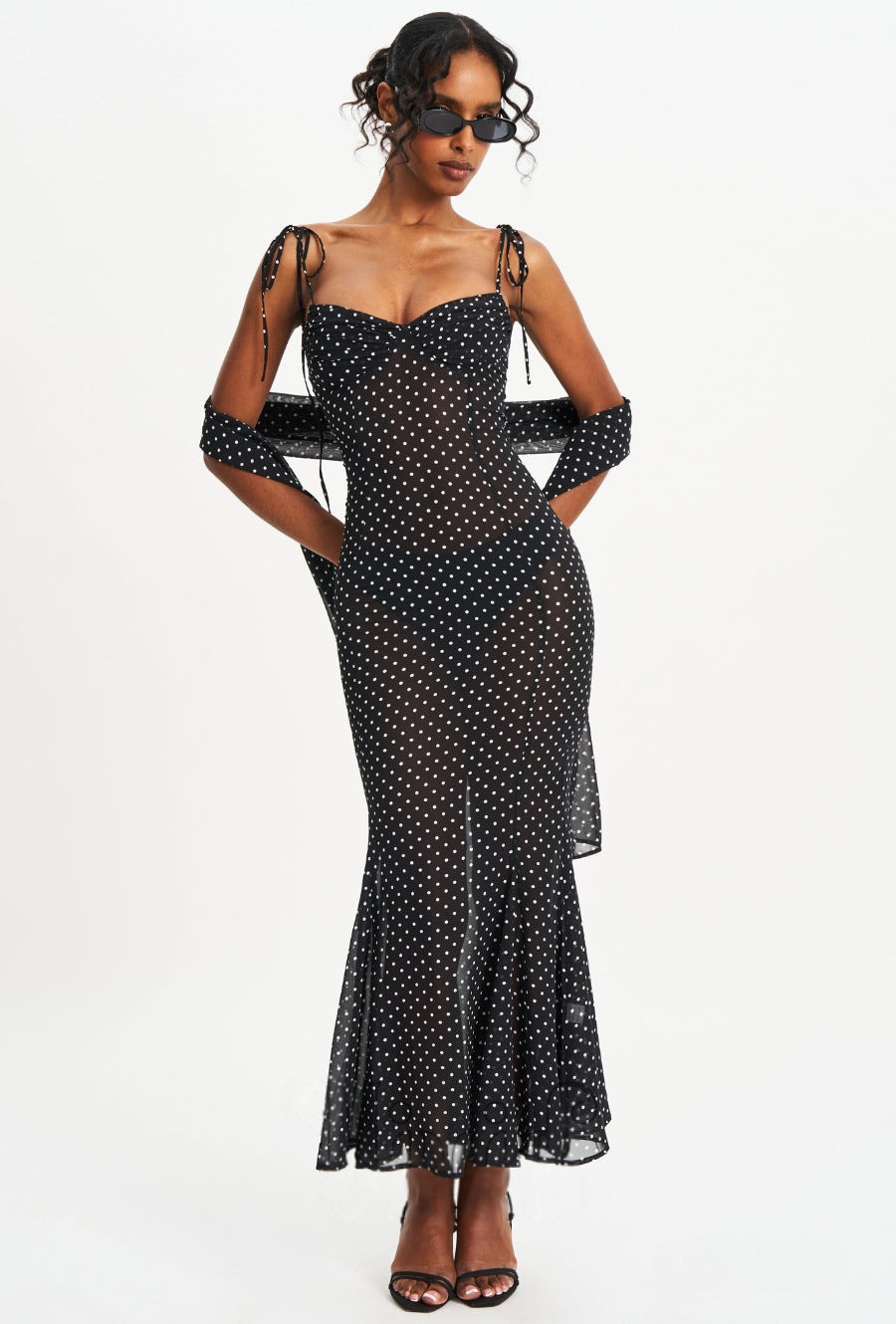 Women Elegant Spaghetti Strap Polka Dot Print Backless Dress Stylish Scarf Decor Slimming Party Vacation Dress_ecoleips.com