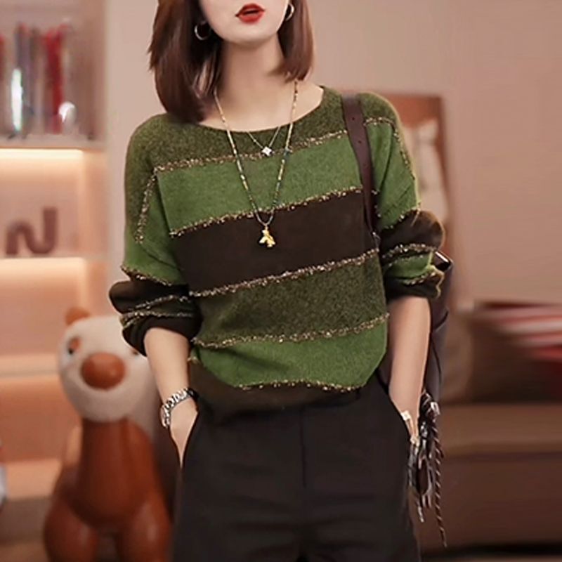 2025秋季大码新款小众洋气设计感衣服女韩系百搭条纹拼色长袖上衣|undefined