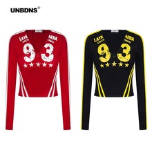 UNBDNS美式复古V领做旧数字印花球衣女修身显瘦正肩长袖T恤短上衣