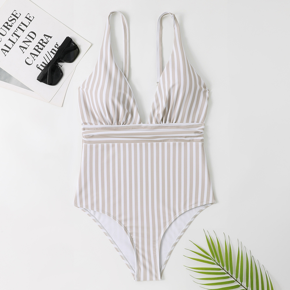 One-piece swimsuit V-neck halter swimsuit sweet striped bikini swimsuit