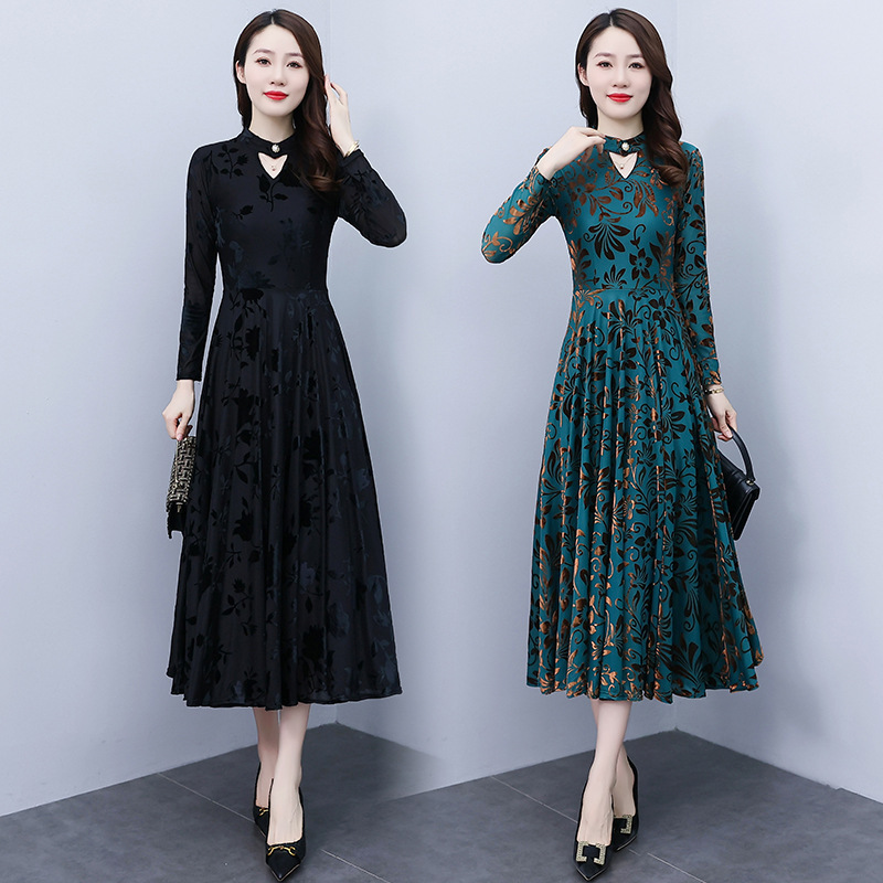 Printed Mesh Long-Sleeved Dress 2025 Autumn New Style Long Elegant Fairy Skirt to Ankle Super Fairy