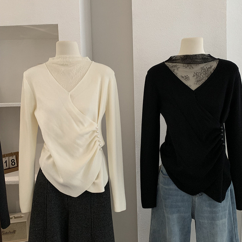 Omalai Spliced ​​Lace Collar Pleated Waist Slimming Look Pure Color Long-Sleeved Asymmetrical Knitwear Top for Women 5847