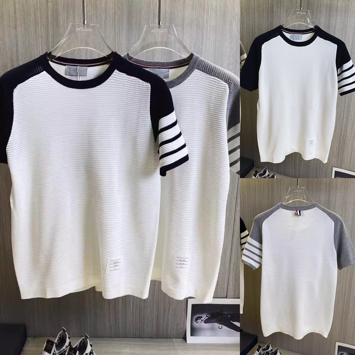 T-shirt de manga corta para hombres TB insertado rayas tricolores cuatro barras viejas líneas de hielo de verano fábrica transfronteriza al por mayor