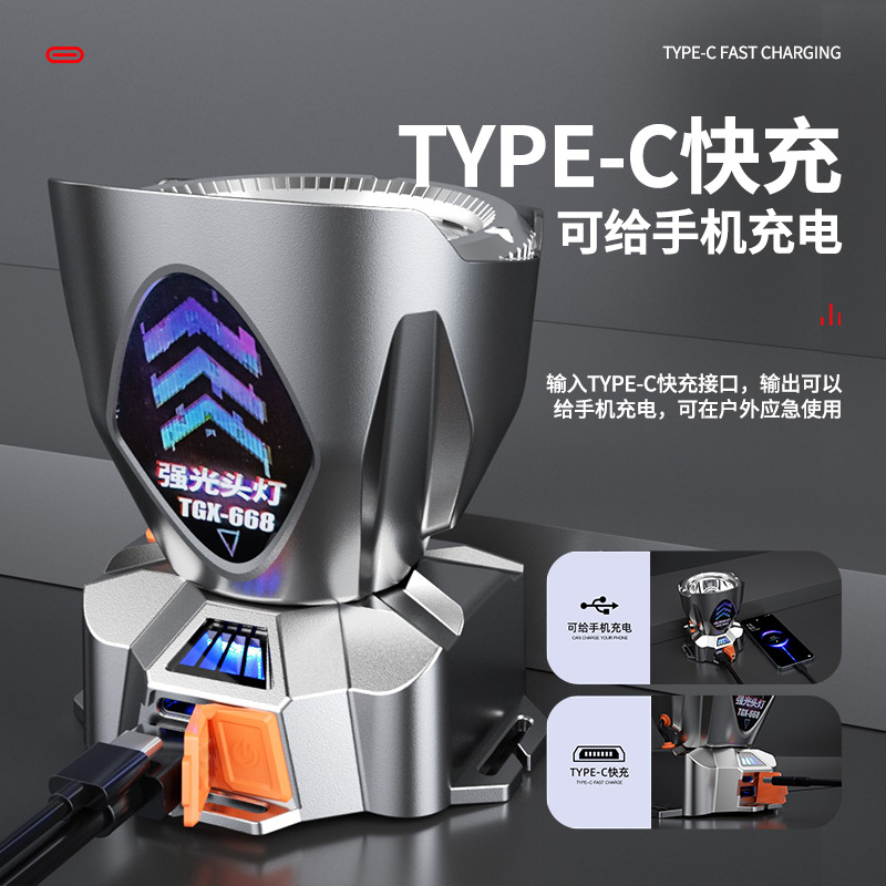 Lámpara de luz LED inteligente de larga duración de la batería usuario de pesca nocturna corriente nocturna recargable lámpara de mina montada en la cabeza