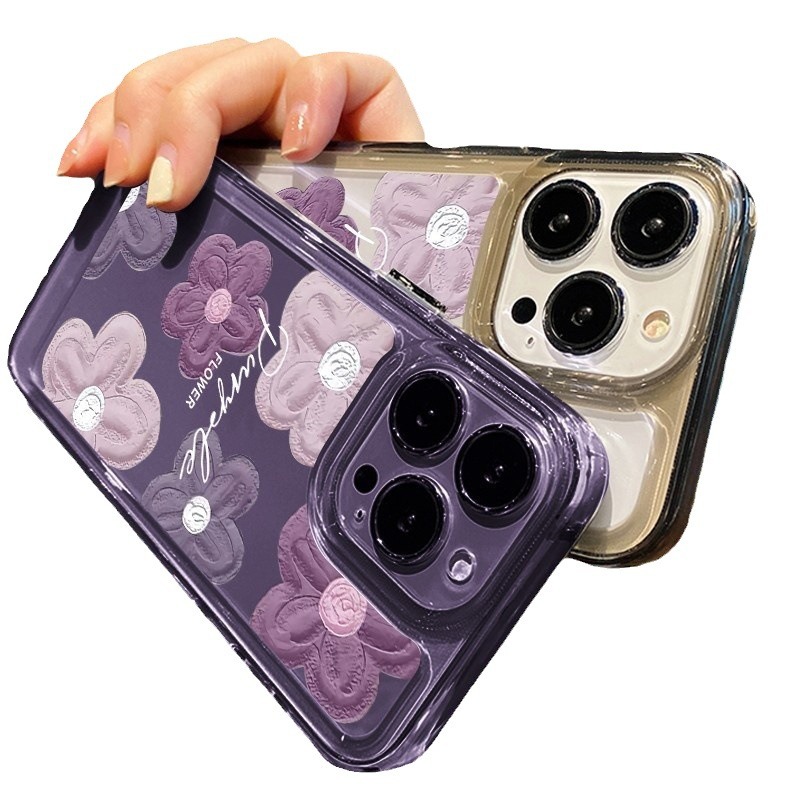 Ins púrpura pintura al óleo flor iPhone16PRO funda para teléfono 13 transparente 14 femenino xsmax lindo xr manzana 15