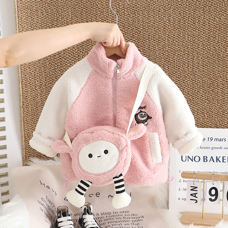 Bebé de moda de terciopelo grueso abrigo de invierno 2024 nuevo otoño y invierno niñas niños cartoon mochila suéter