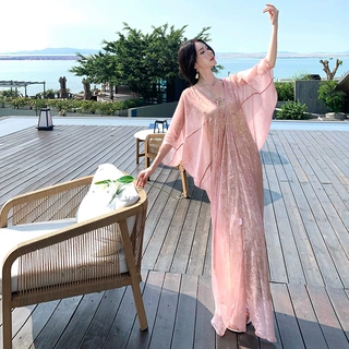 新中式连衣裙女名媛千金清冷感慵懒风浪漫绿色长裙宽松度假沙滩裙