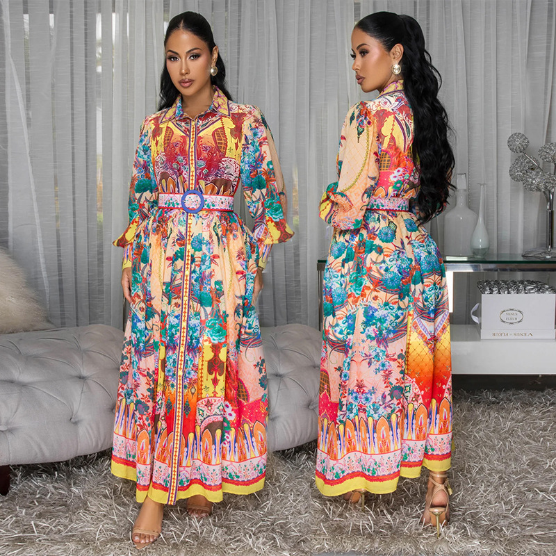 Autumn Lapel Lantern Sleeve Waist Ethnic Style Painted Style Printed Comfortable Casual Dress Women's Cross-Border Foreign Trade