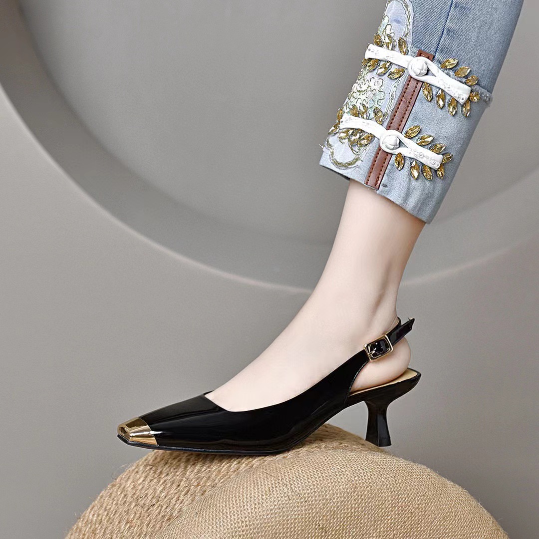 Giày sandal nữ mũi vuông da thật gót nhỏ đế mềm — Màu đen