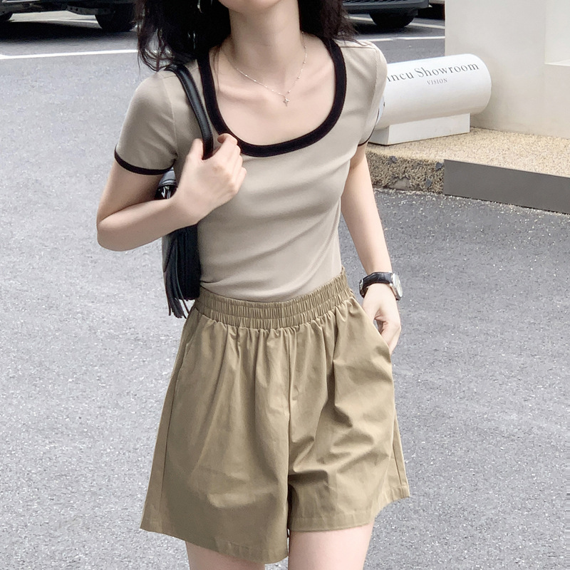 High-End Style Straight-Shoulder T-Shirt for Women, Summer 2026 New Fashion High-Waist Color-Block U-Neck Versatile Short-Sleeve Top