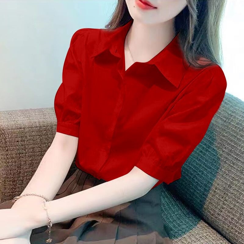 Polo Collar Shirt for Women, New Summer Style, Korean Style Loose Large Size Top, Stylish Solid Color Blouse, Puff Sleeve Shirt, Trendy