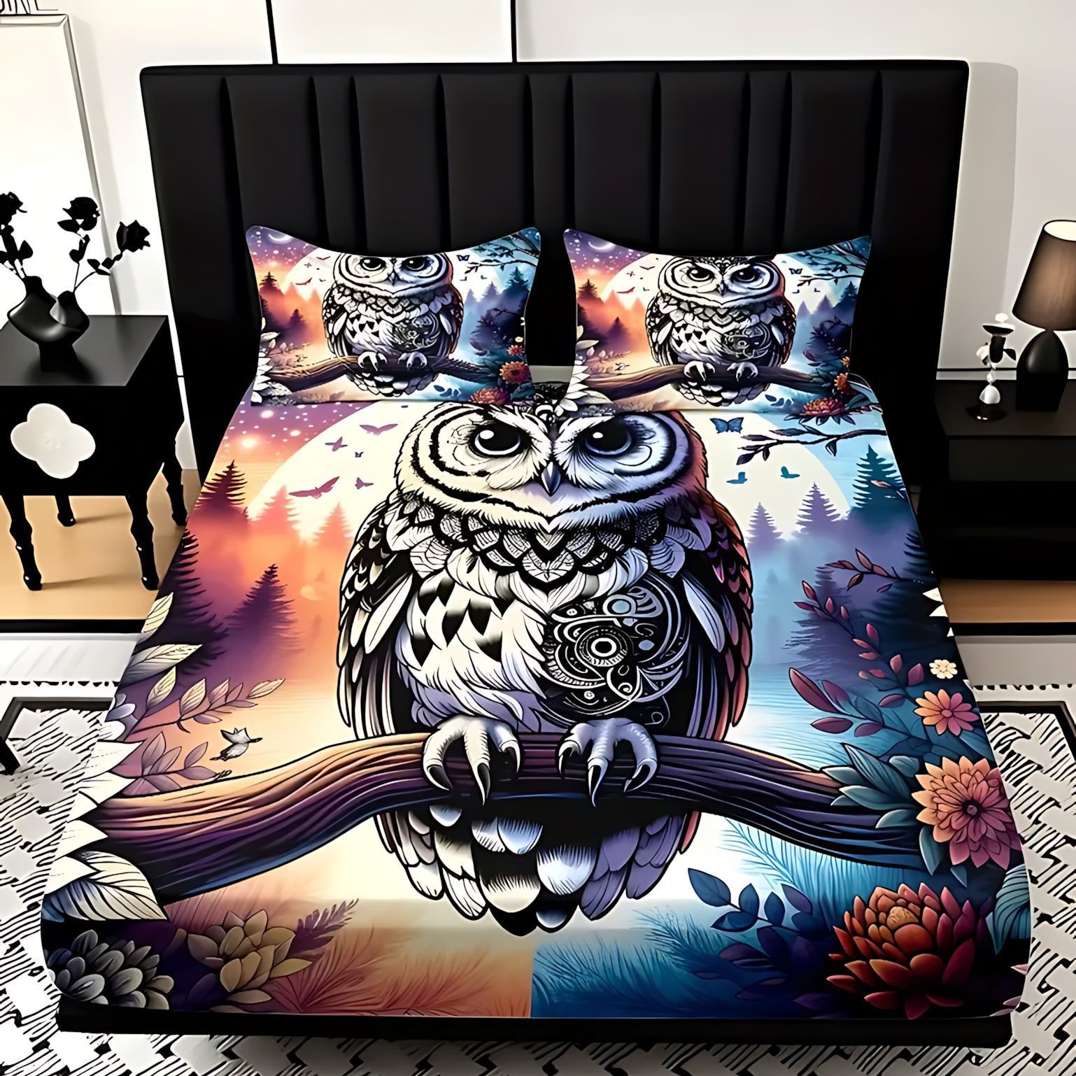 TEMU / JIT textil casero transfronterizo lindo tema búho molido 3D impresión digital cama Kasa Kit fuente fabricante