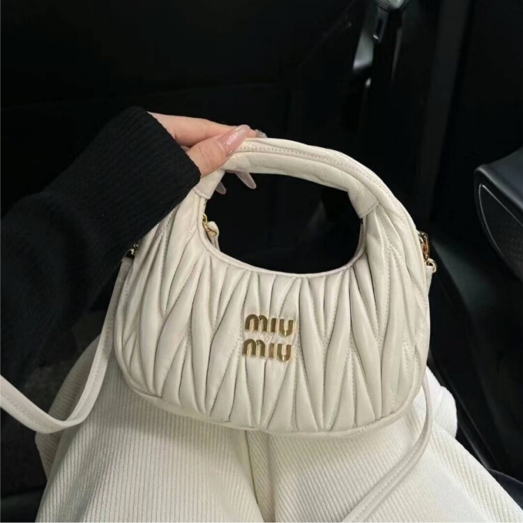 Miu 2026 New Style Lambskin Pleated Handbag Mini Crescent Armpit Bag Single Shoulder Crossbody Women's Bag