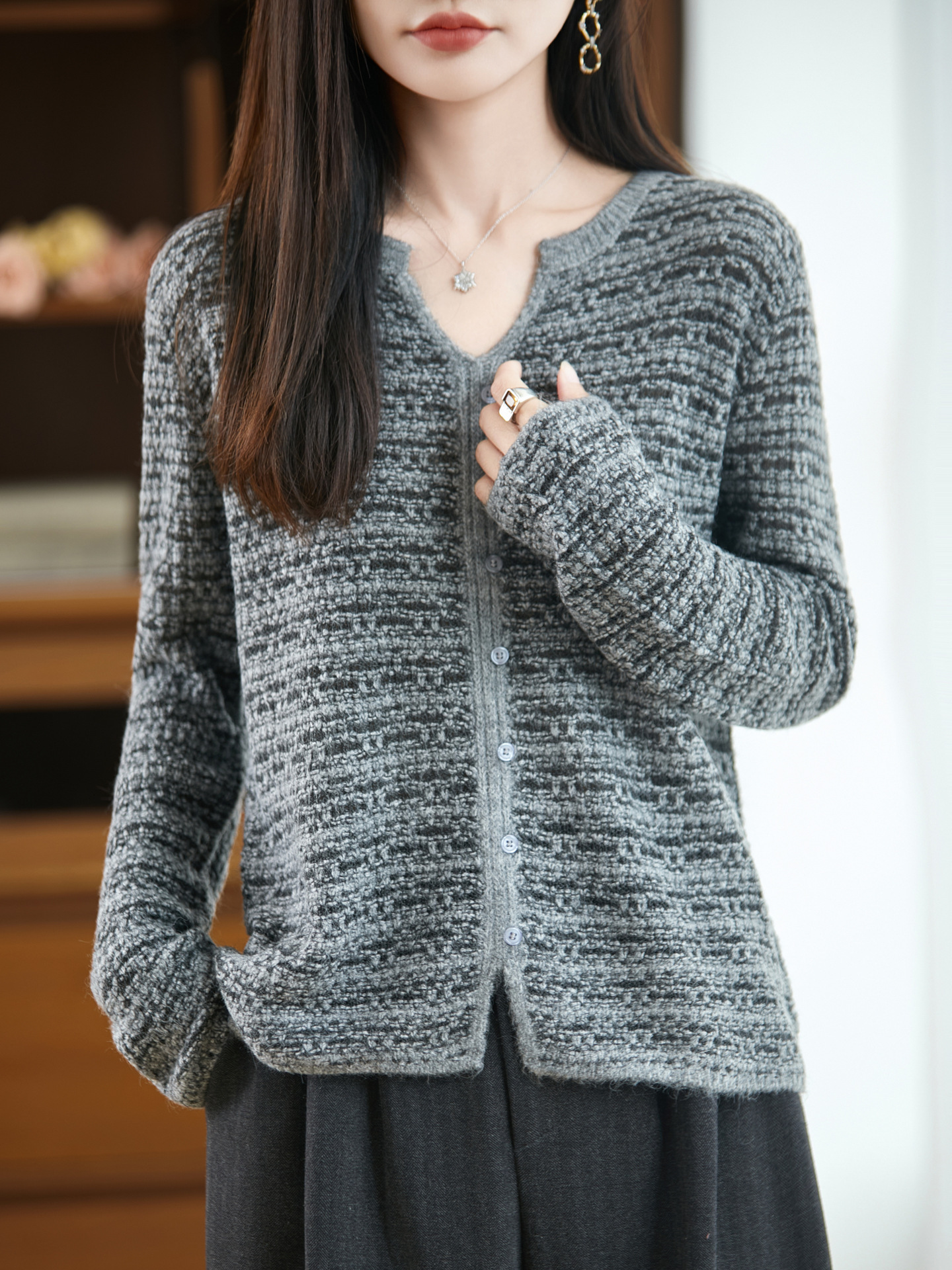 小香风短外套女圆领半V开领春秋新款粗花重工气质针织衫毛衣上衣