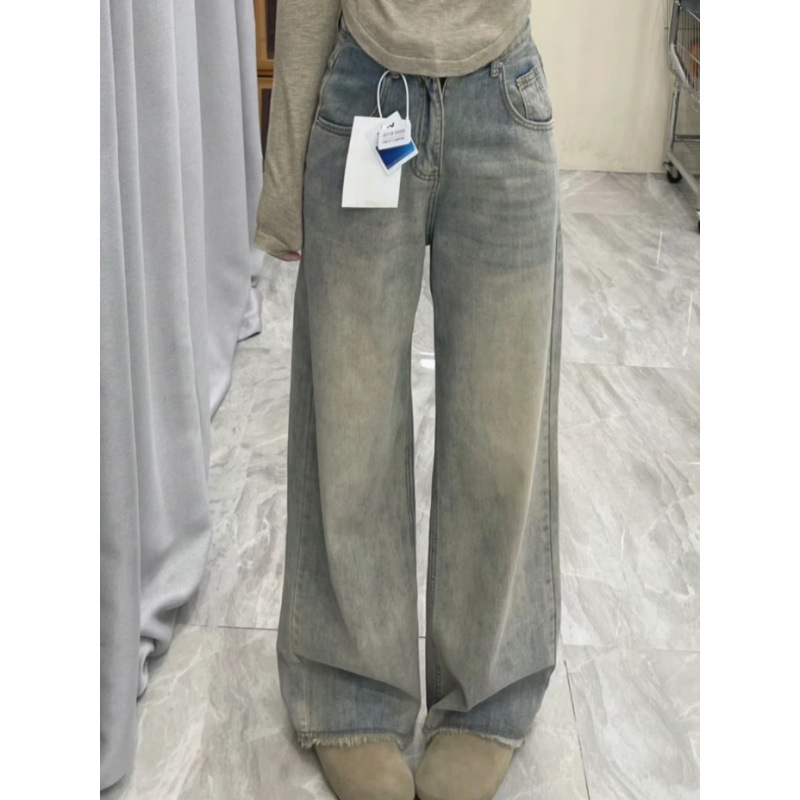 復古做舊水洗闊腿牛仔褲女秋新款高腰寬鬆百搭垂感窄版拖地直筒褲