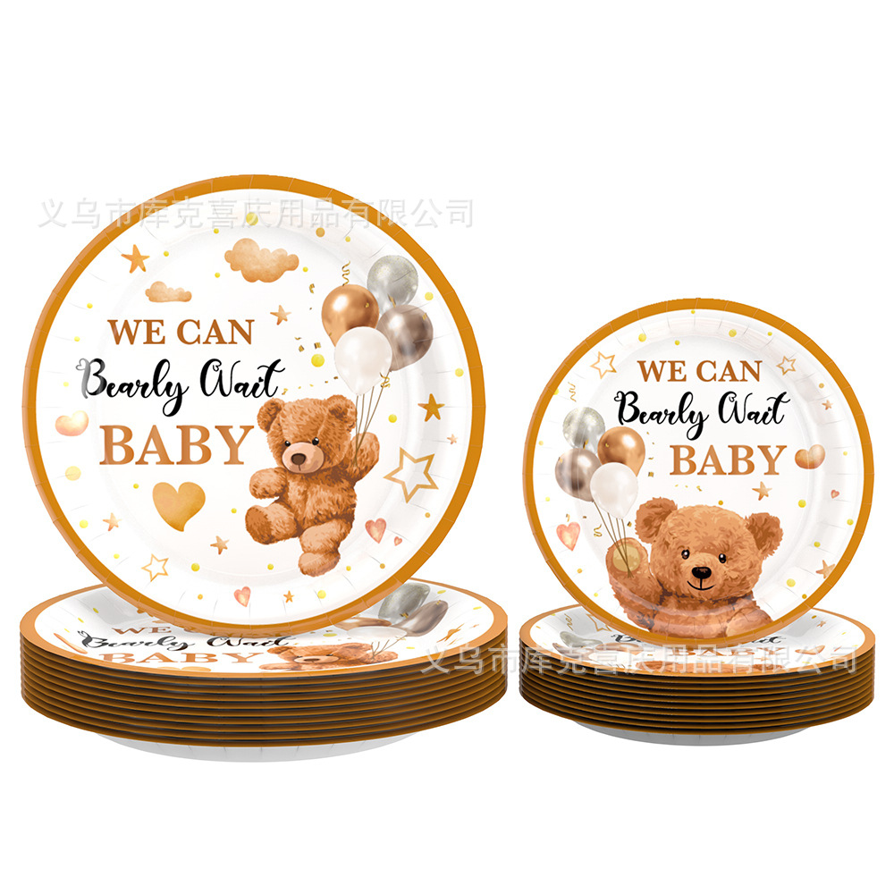 Oso marrón bebé baño fiesta decoración niño niña recién nacido bandeja de papel taza de papel toalla de papel juego de vajilla