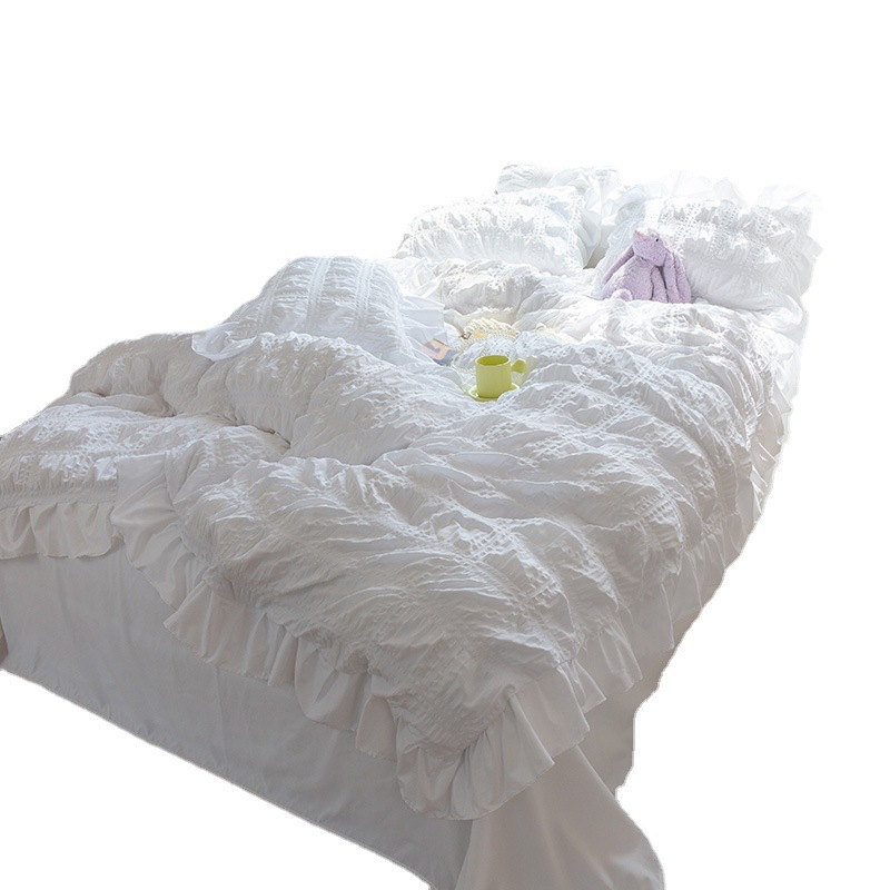 跨境夏季韩式华夫格泡泡纱花边四件套纯色床单被套宿舍三件套批发