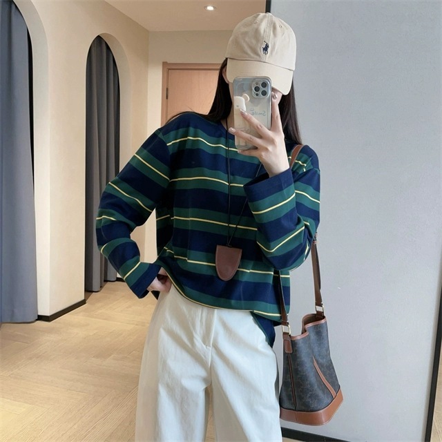 时髦纸片人棉质宽松百搭条纹圆领长袖T恤女秋季显瘦中长款打底衫|undefined