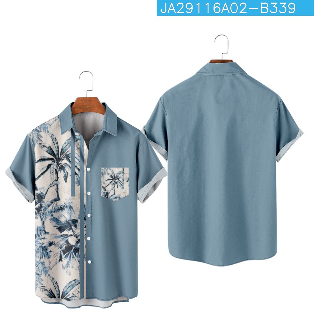 2023 Amazon nuevo transfronterizo Hawaiano planta color bloque patrón de impresión más tamaño de bolsillo de los hombres camisa de manga corta