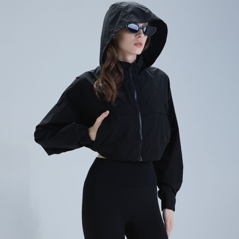 Transfronterizo corto con cojín de pecho para el deporte al aire libre juego de ocio fitness correr yoga suelto chaqueta con capuz seco rápido