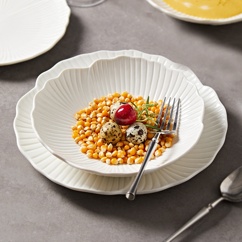 White Ceramic Western-Style Dinner Plate, Soup Plate, High-End Tableware, Dish Plate, Household Salad Bowl, Hotel Tableware Set