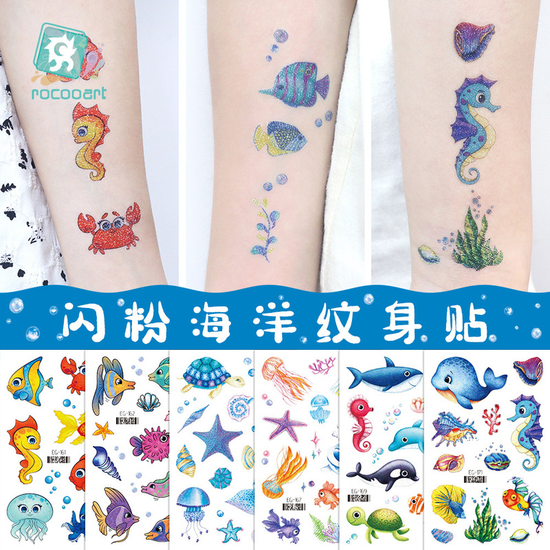 Ruikalong Cross-Border New Glittery Ocean Animal Tattoo Stickers Waterproof Children's Cartoon Colorful Temporary Tattoo Stickers