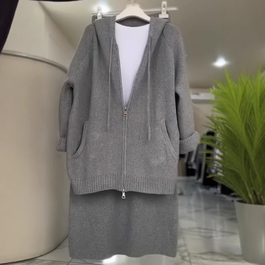 Robe en maille à capuche avec fermeture éclair pour femme confort_voghion.com