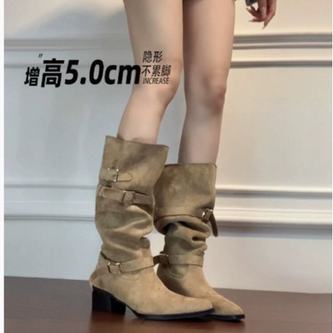 牛革バージョン～太ヒール万能レトロブーツレディースベルトバックルプリーツパイルブーツハイウエストウエスタンカウボーイブーツ|undefined