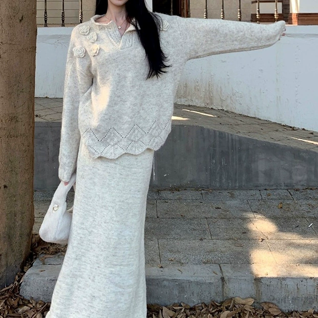 Фантастическая фея трехмерная цветочная рубашка с воротником свободный вязаный свитер из двух частей