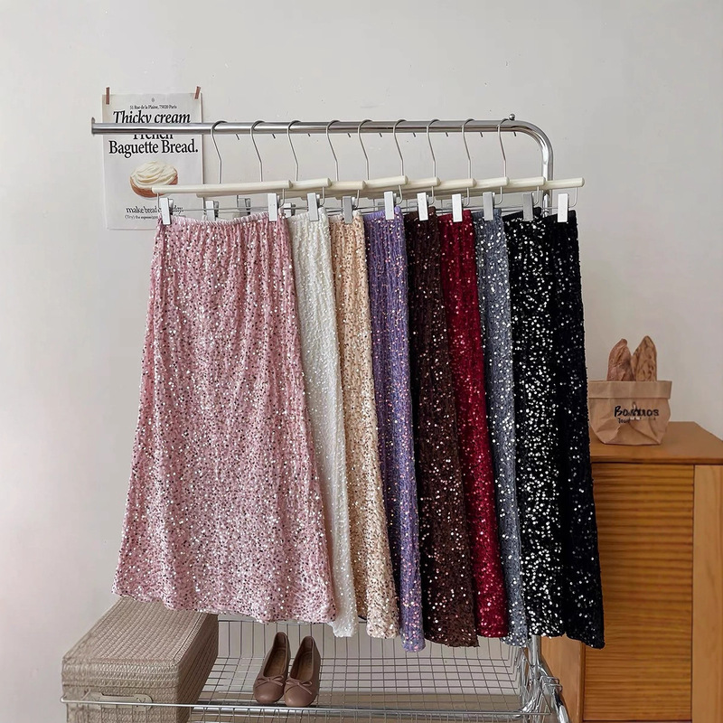 Heavy-Duty Sequin Skirt for Women, New Autumn Style, Back Slit, Straight Long Skirt, Bodycon Skirt, Velvet Sequin Skirt, Cross-Border, 9 Colors