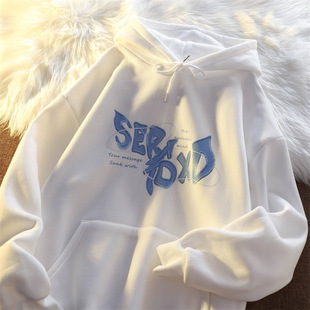 Korean style chic fleece-lined hooded sweater women's national fashion autumn and winter New loose salt White thickened coat for students