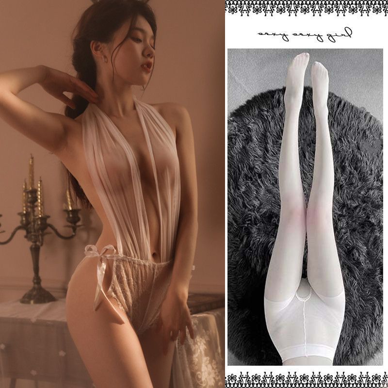 Lencería sexy transparente mama fuga backless jumpsuit Halter Deep V tentación puro deseo encaje traje generación A97