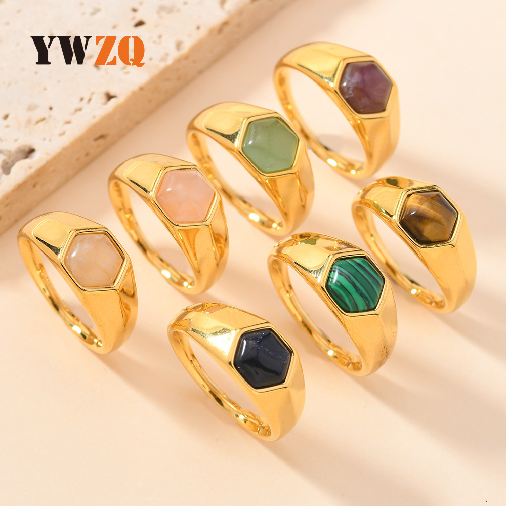 Joyas de acero inoxidable de estilo europeo y americano transfronterizo lujo ligero viento fundido hexágono piedra natural gemas anillo de titanio al por mayor