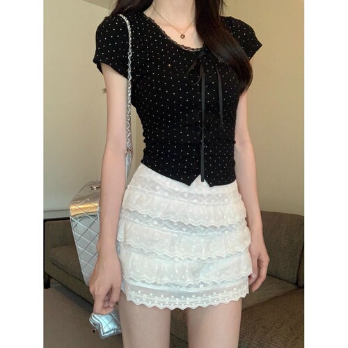 French print polka dots slim slimming black T-shirt spliced lace small short sleeve V-neck summer new style