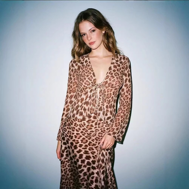 Sexy Deep V-Neck Long-Sleeved Leopard Print Shirt for Women 2025 European and American Autumn New Hot Girl Top