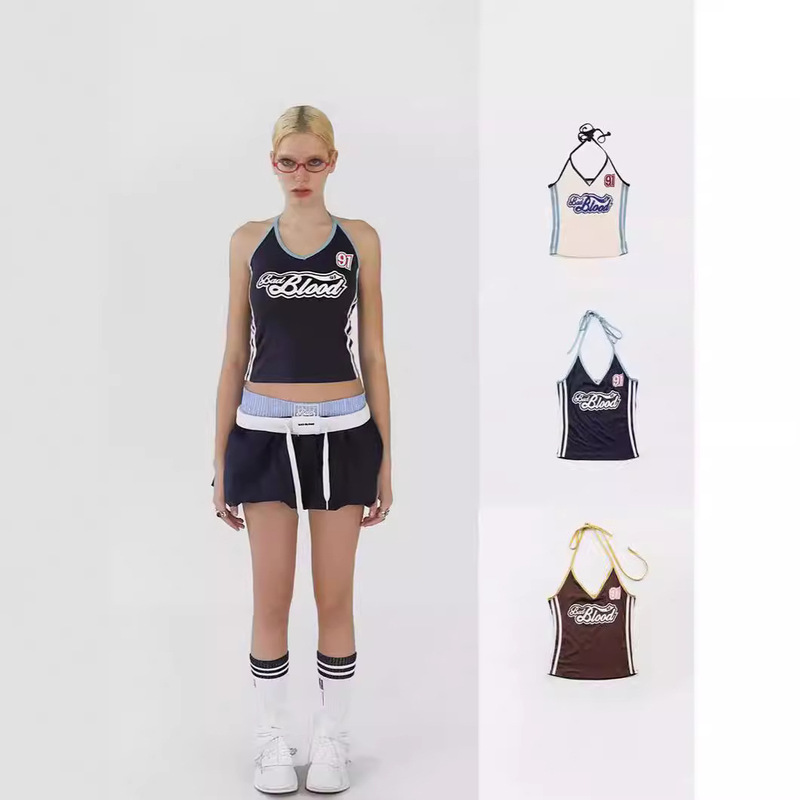 badblood New V-Neck Hanging Neck Vest Women's American Style Hot Girl Short Slim-Fit Slimming Backless Strap for Summer