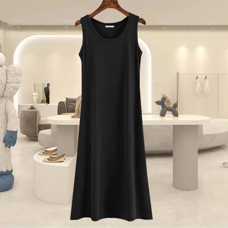 2025 Summer New High-Bottom Elegant Bottoming Vest Suspbottomer Dress Black Sleeveless Slimming Look Mid-Length Skirt