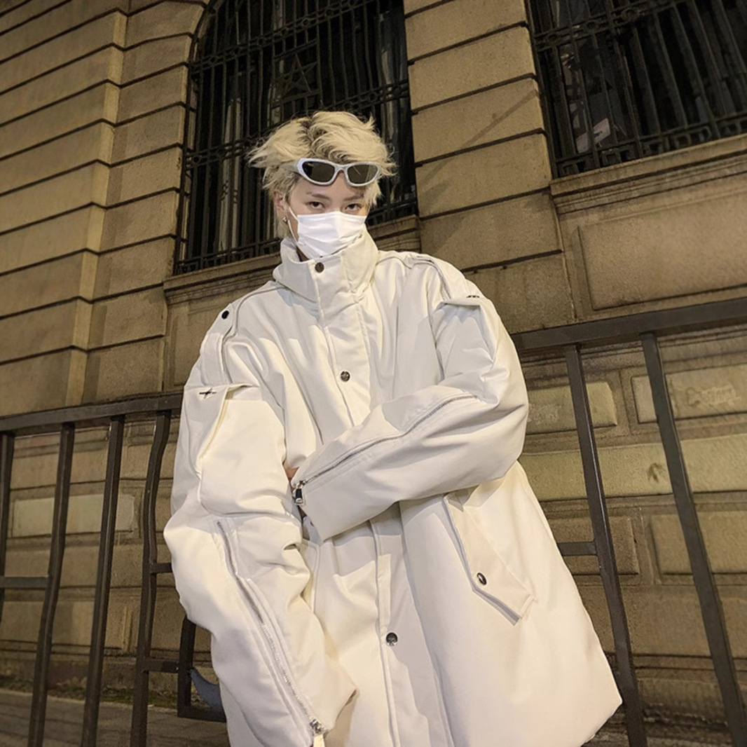 白色pu皮羽绒棉服男冬季美式高街少年感外套oversize小众立领棉袄