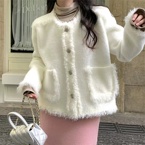 Women's White Unisex Blue High-End Mink-Style French Perfume Water Mink Long-Sleeve Knitted Cardigan Outerwear