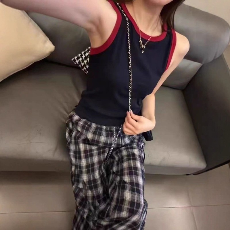撞色拼接吊带背心女2025款时尚修身显瘦百搭无袖吊带打底内搭上衣|undefined