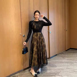 蕾丝钩花拼接绑带长袖黑白色中长款连衣裙 欧美新款女装春夏2023