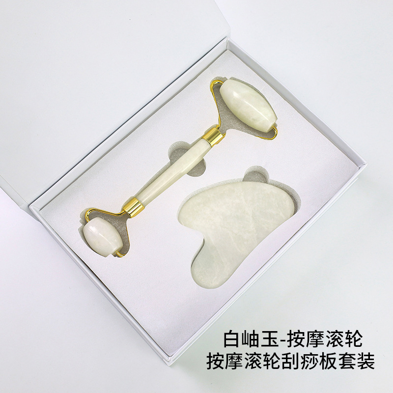 Tabla de gua sha de jade en stock, tabla de gua sha de nefrita en forma de corazón para belleza facial, masajeador con rodillo para uso en todo el cuerpo.