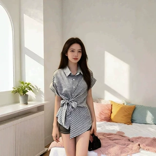 学院风格子绑带掐腰衬衫女夏季短袖收腰显瘦设计感小众Polo领上衣